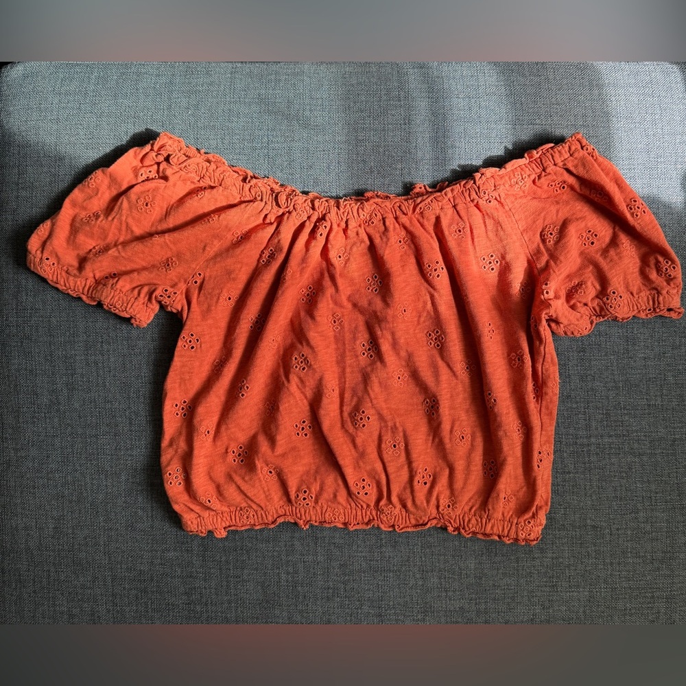 American Eagle Cropped Off-the-Shoulder Eyelet Cropped Top in Rust